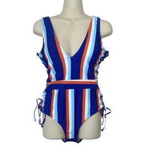 Cupshe Womens Size M Striped One Piece Swimsuit Lace Up Sides Blue Red White
